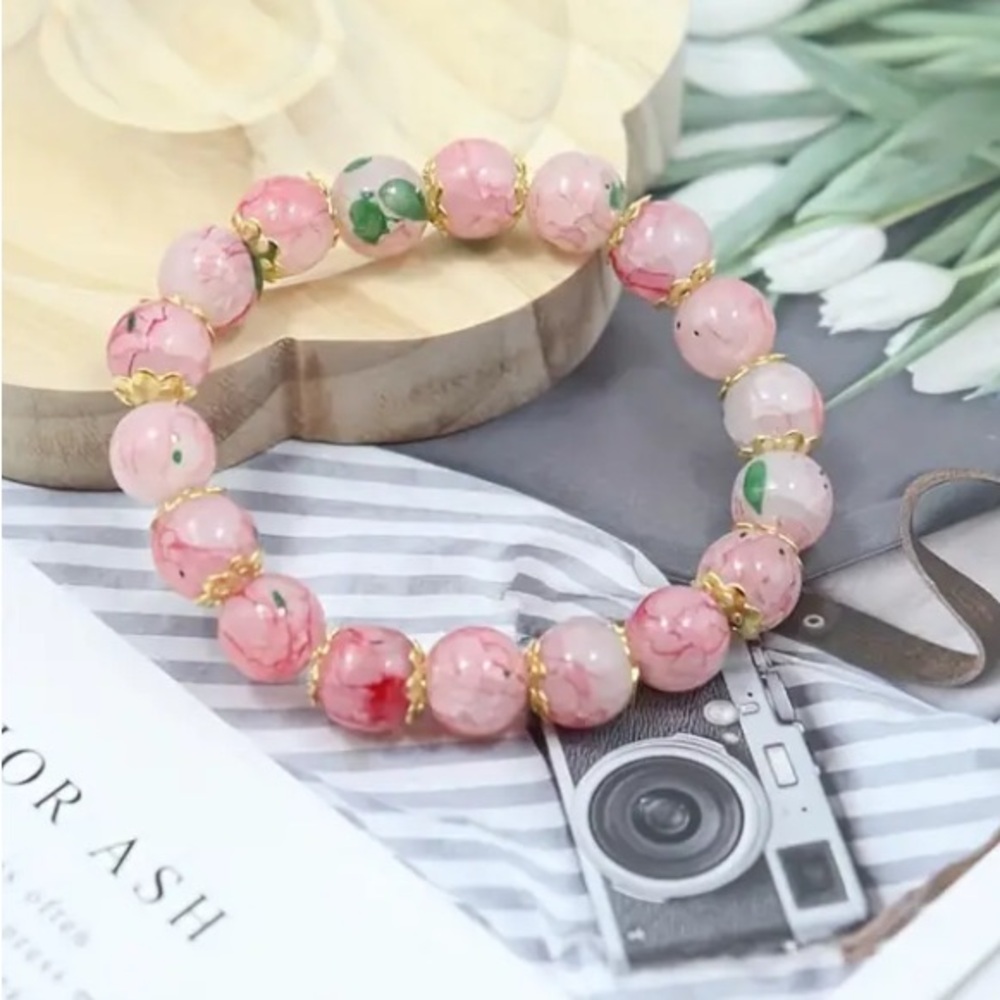 Cherry Blossom Glass Bead Stretch Bracelet - Picture 5 of 6